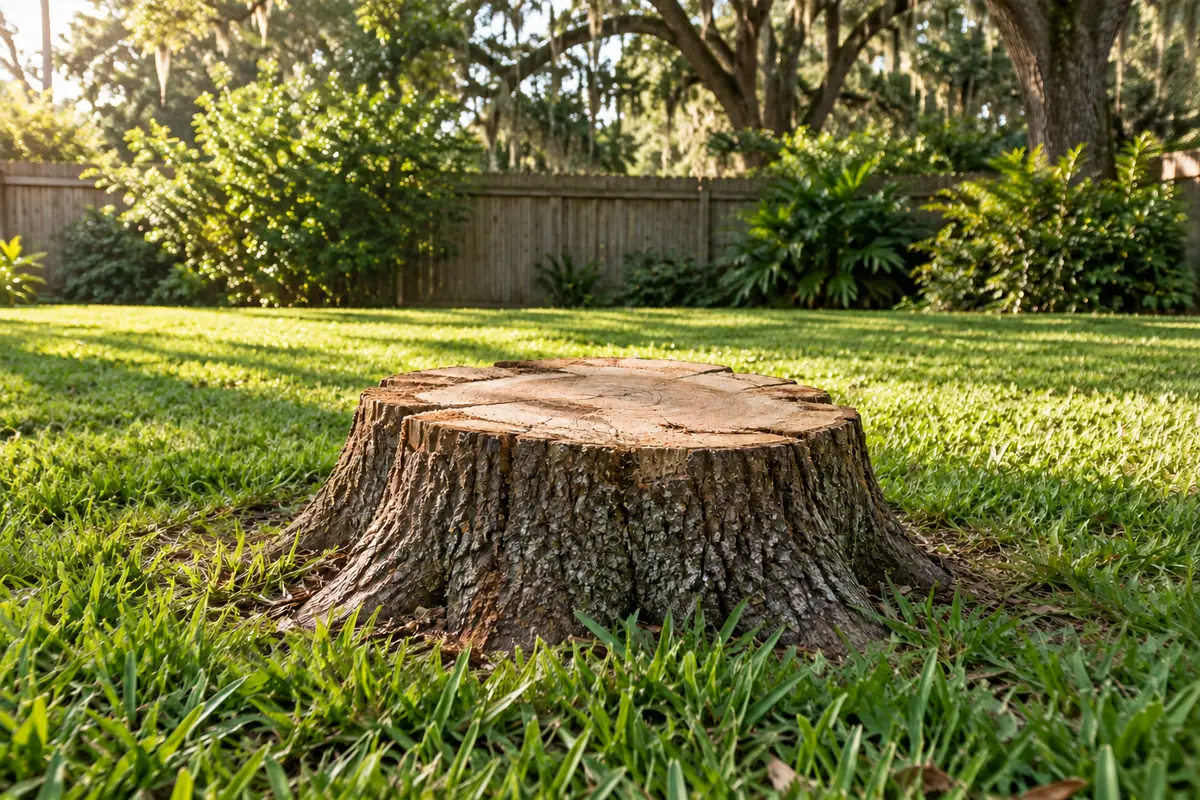 A large oak stump in a lawn