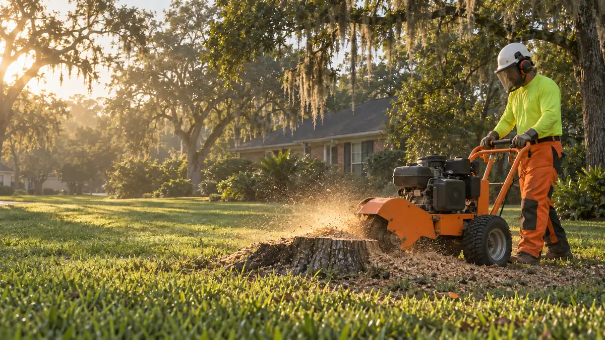 An Apex crew member grinding an oak stump, wood chips flying